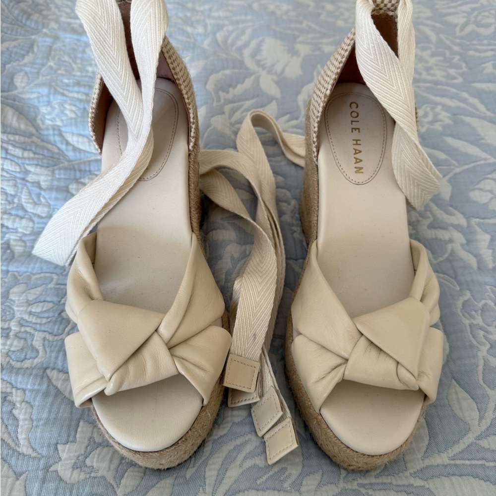 Cole Haan Cream Knotted Leather Espadrille Wedge Sandals with Ankle Ties